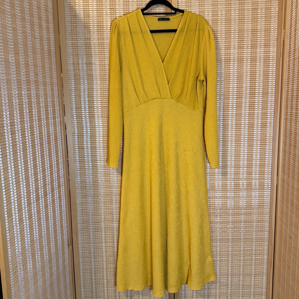 PRETTYGARDEN Mustard Yellow Plisse V Neck Long Sleeve Midi Dress L Lagenlook